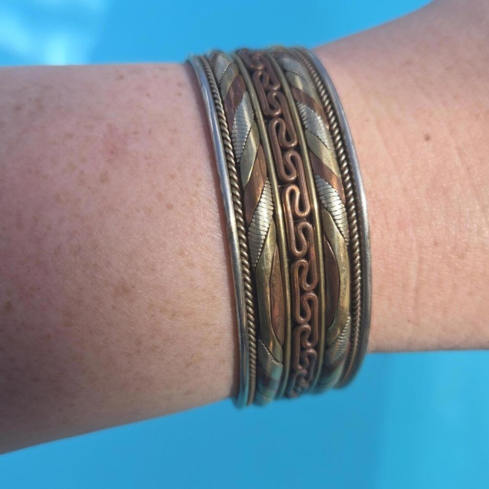 Ornate Pixiu Dragon Mixed Metal Copper Tri Color Cuff Bracelet
